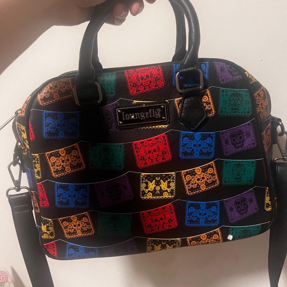 Loungefly Black and Red Satchel Bag with Patchwork Design